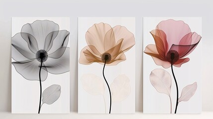 A trio of minimalist art posters with a seamless continuous line art flower, displayed on a white background for a refined and elegant look