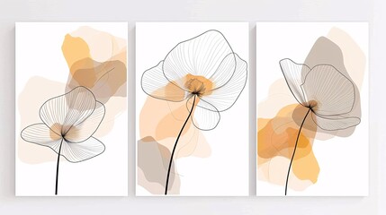 A set of three modern art posters showcasing a continuous line art flower design on a clean white background, perfect for a chic and contemporary decor