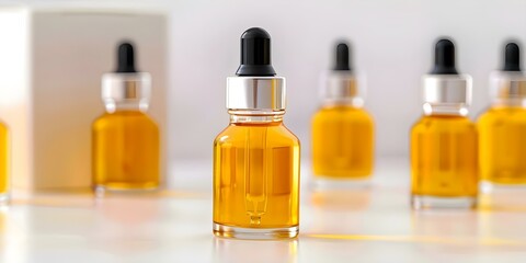 Lab Testing Sample of Niacinamide Serum Oil with Hyaluronic Acid and Retinol in Yellow Color. Concept Skincare, Lab Testing, Niacinamide Serum, Hyaluronic Acid, Retinol, Yellow Color