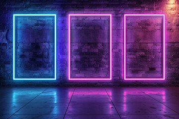 3d rendering of three neon frames on dark brick wall background with purple and blue light, glowing effect. Neon frame border in empty room interior design