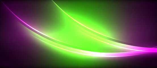 Neon glowing circle rays, light round lines in the dark, planet style neon wave lines. Energetic electric concept design for wallpaper, banner, background
