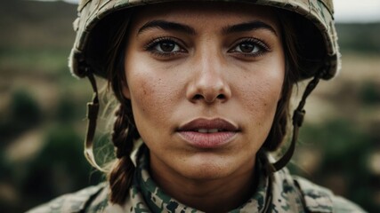 Close-up portrait of a female soldier wearing combat gear, displaying a determined and resilient expression in a natural setting.

