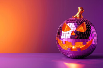 festive disco ball with halloween jack o lantern design on gradient background