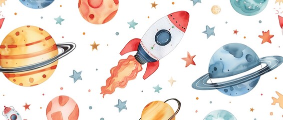 Watercolor Rocketship and Planets Seamless Pattern