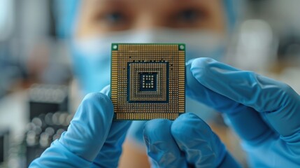 Technician Holding Microprocessor with Precision in Modern Laboratory