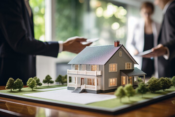 Estate agent presenting a model of a house