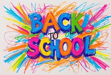 Fototapeta premium Colorful scribbles text Back to school in chaotic wax crayon drawing style
