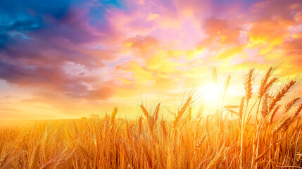 Obraz premium Golden wheat field shining under a dramatic sunset sky