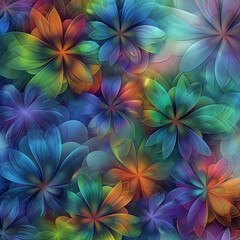 Fototapeta premium A mesmerizing bouquet of abstract fractal flowers, each petal swirling with vibrant hues of electric blue, neon green, deep purple, and fiery orange
