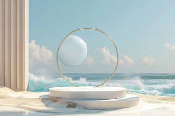 minimalist oceanfront display with transparent sphere and geometric podium on a serene beach backdrop