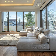 Fototapeta premium Elegant and comfortable designed living room with big corner sofa, wooden floor and big windows