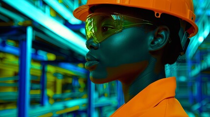Obraz premium Face of an engineer wearing a construction worker's helmet. Universal specialist. Illustration for cover, card, postcard, interior design, banner, poster, brochure or presentation.