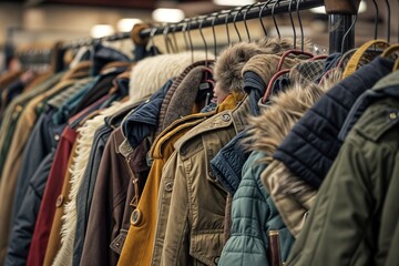 Obraz premium Rack of vintage and retro winter coats and jackets on display