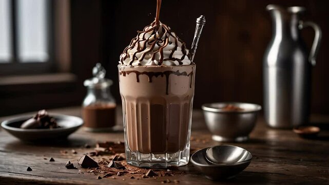 Decadent chocolate milkshake with whipped cream and chocolate drizzle