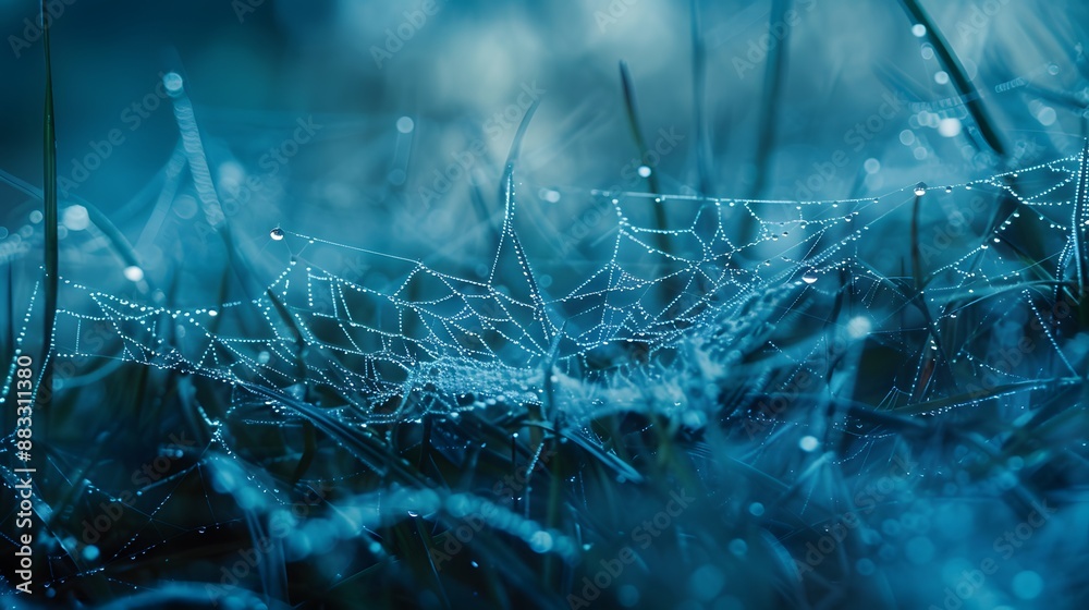 Wall mural beautiful natural background with necklace of water droplets on a cobweb in grass in spring of summe
