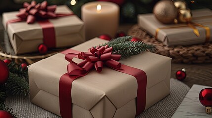 Beautifully wrapped Christmas gifts with red ribbons and festive decorations surrounded by a cozy holiday ambiance and warm candlelight.