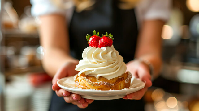 waitress delicately serves a pastry topped with white frosting and two small strawberries