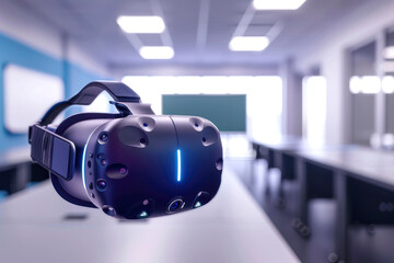 A virtual reality headset placed in a tech-savvy classroom, highlighting innovative learning tools and immersive technology used for interactive education and training.