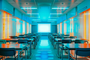 Modern classroom featuring a futuristic design with neon lighting, advanced technology, and sleek furniture, creating an innovative educational environment.