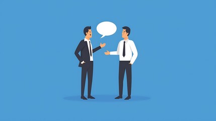 Two businessmen in suits discussing work with a speech bubble