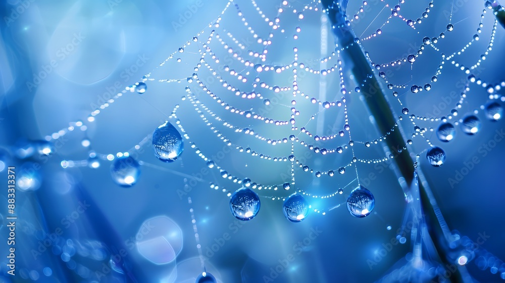 Wall mural beautiful natural background with necklace of water droplets on a cobweb in grass in spring of summe