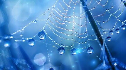 Beautiful natural background with necklace of water droplets on a cobweb in grass in spring of summer in blue tones. Texture Dew drops on a spider web in nature close-up macro with soft focus. 