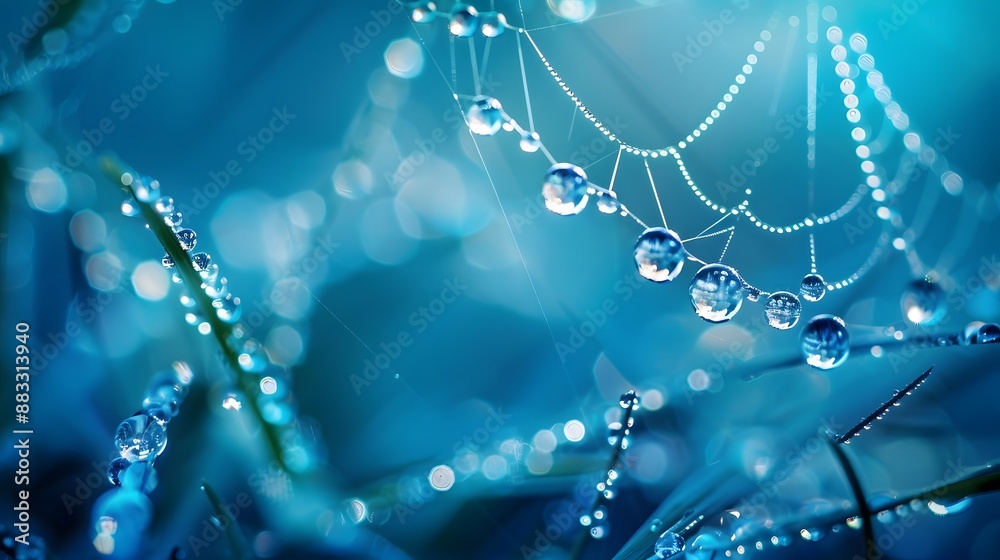Wall mural beautiful natural background with necklace of water droplets on a cobweb in grass in spring of summe