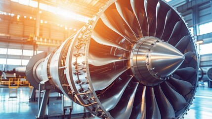 Detail of the metal turbine mechanism. Large shiny steel equipment with blades. A machine with many gears and a shiny metallic appearance. Illustration for poster, cover, brochure or presentation.