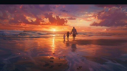 Family Walking Hand in Hand Along Shoreline at Sunset with Footprints in Wet Sand