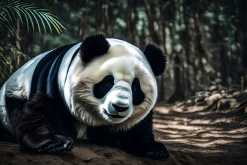 Giant panda eating bamboo in the forest.
