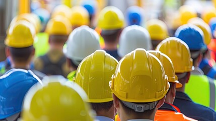 A large group of people wearing construction helmets, viewed from the back. A team of laborers of construction workers. The concept of unity, teamwork, meeting or asserting one's rights at a rally.