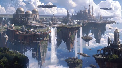 Fototapeta premium Futuristic floating city with airships and waterfalls