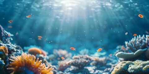 Fototapeta premium Vibrant underwater coral reef with diverse marine life showcasing beauty of ocean. Concept Underwater Photography, Coral Reef Ecosystem, Marine Biodiversity, Ocean Conservation, Colorful Marine Life