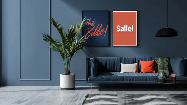 Modern Living Room Design Featuring Flash Sale Banner for Interior Decor Advertising - Powered by Adobe