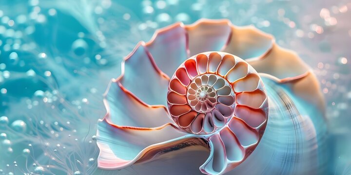 Stock photo of a nautilus shell showcasing Fibonacci sequence and symmetry. Concept Mathematical Beauty, Natural Patterns, Symmetrical Design, Fibonacci Sequence, Nautilus Shell