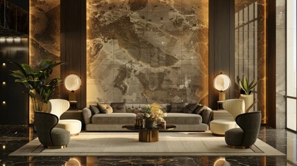 Elegant reception area with plush seating, set against a backdrop background of sophisticated decor and ambient lighting, emphasizing luxury and comfort 
