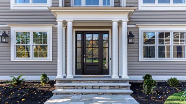 The classic symmetry of a Suburban Colonial home's facade, highlighted by a central front door framed by sidelights