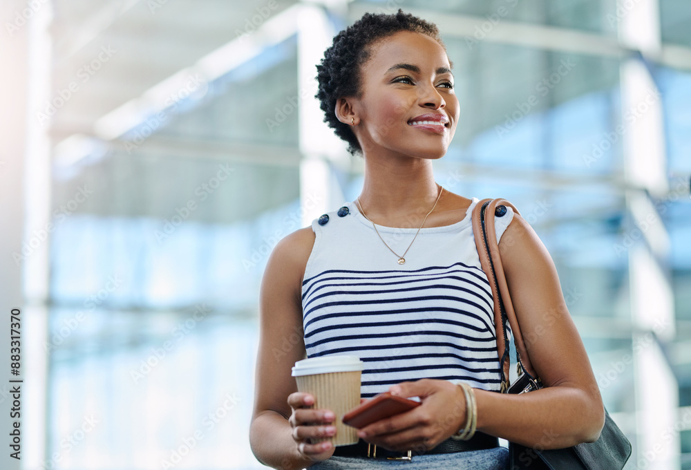 Sticker Thinking, coffee and business woman with phone at work for social media, smile and hope for internship. Happy, break and African employee with drink, planning and vacancy opportunity in office