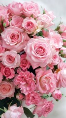 Fototapeta premium Pink roses overhead view full bloom filled white background.