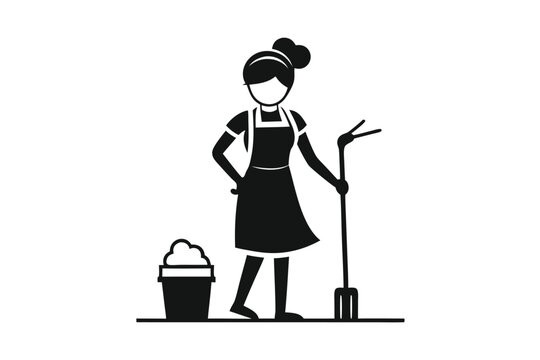 black cleaner with mop and bucket clip art preview