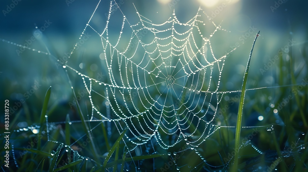 Wall mural beautiful natural background with necklace of water droplets on a cobweb in grass in spring of summe