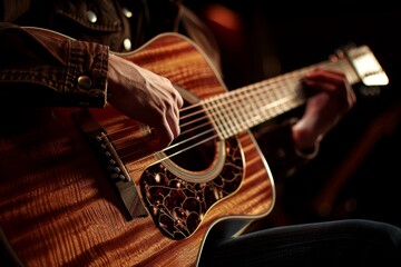 Fototapeta premium Close-Up of Musician Playing Acoustic Guitar With Shimmering Wooden Body in Studio Lighting