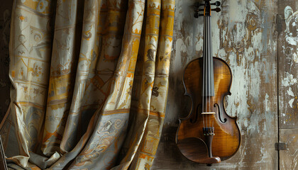 Picture of the old italian violin on a fabric drapes