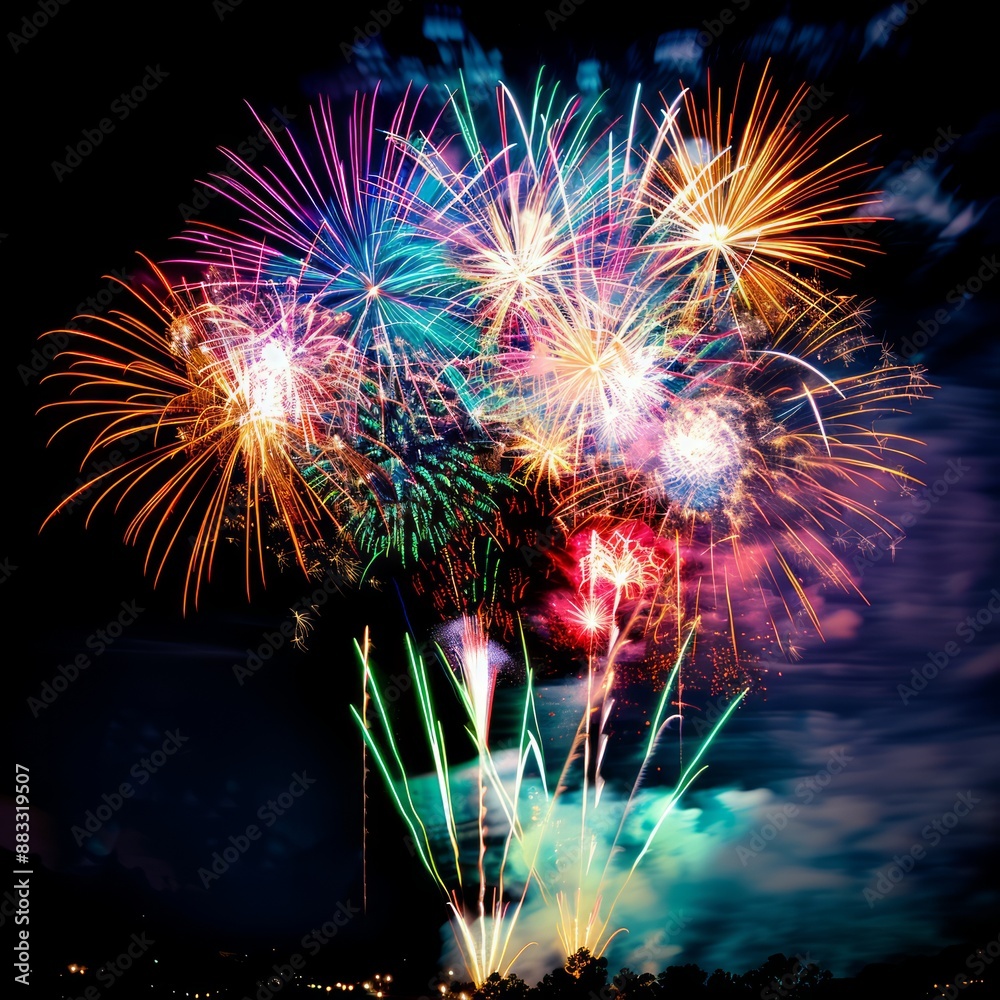 Poster A fireworks display with a variety of colors and shapes