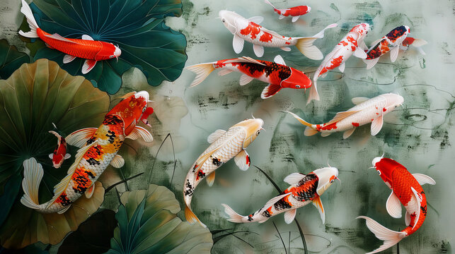 Feng Shui Art "Wealth and blessing 9 lucky koi fish" hyper realistic wallpaper