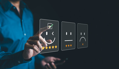 Customer review satisfaction feedback survey concept. Businessman interacts with virtual icons...