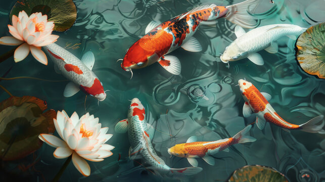 Feng Shui Art "Wealth and blessing 9 lucky koi fish" hyper realistic wallpaper