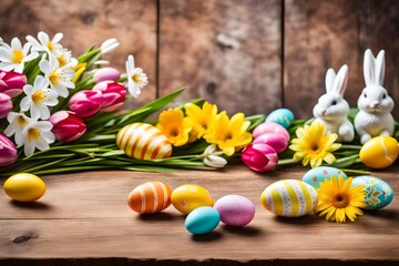 Beautiful flowers and Easter eggs with bunny on wooden background.