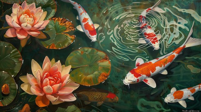 Feng Shui Art "Wealth and blessing 9 lucky koi fish" hyper realistic wallpaper