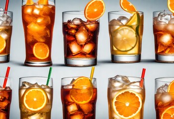 Glass of cola with ice and orange juices.